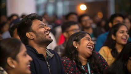 Diverse Indian Crowd Bursting Into Laughter at Comedy Club Event
