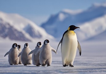 Emperor Penguin with Chicks on Ice in Antarctica Under Natural Light, Snowy Mountains Background