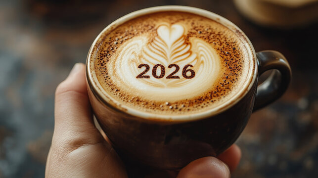 A cup of cappuccino with 2026 written in foam art, held by a hand from top view, symbolizing new year goals, cozy coffee moments, lifestyle planning, and warm beginnings, copy space - Powered by Adobe
