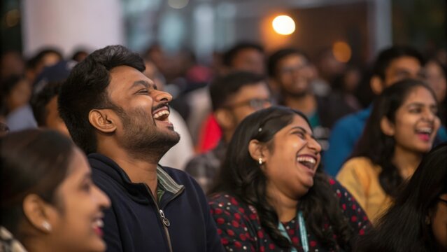 Diverse Indian Crowd Bursting Into Laughter at Comedy Club Event