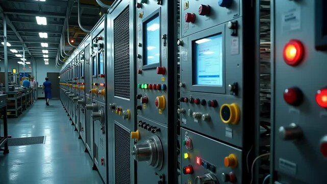 Manufacturing control panel with blinking lights monitors industrial production dynamically