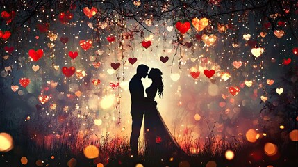 A couple sharing a kiss under a canopy of hanging hearts and twinkling lights