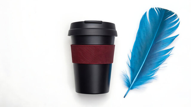 A black reusable travel coffee cup with a maroon silicone sleeve sits next to a vibrant blue feather on a clean white background