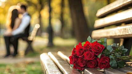 A couple sitting on a park bench, holding hands with a bouquet of roses resting beside them.