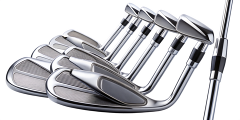 a collection of golf club iron set professional isolated on white background PNG , AI GENERATED