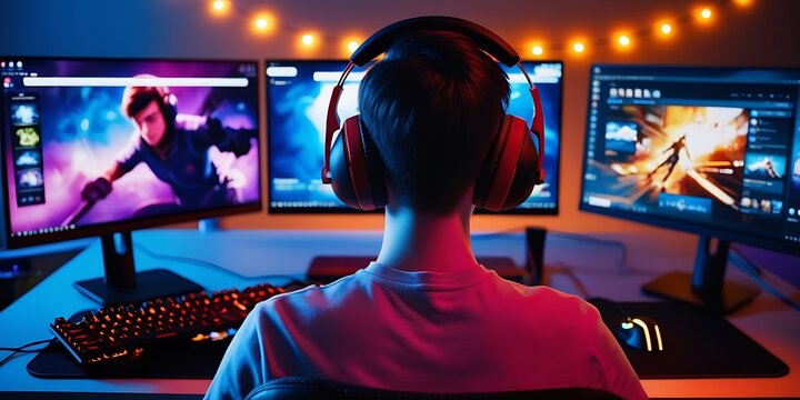 Teen gamer wearing headphones immersed in an intense video game session with multiple monitors, colorful RGB lights, and string lights creating a vibrant gaming setup

