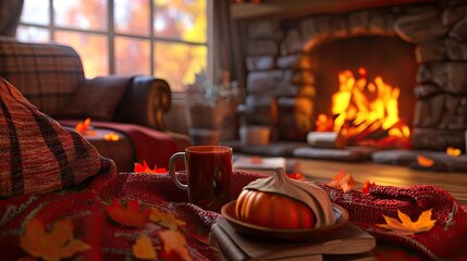 A cozy autumn scene with colorful fallen leaves, pumpkins, and a warm drink in front of a crackling fire. A cozy autumn scene with fallen leaves, pumpkins, and a warm drink by the fire.
