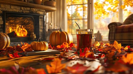 A cozy autumn scene with colorful fallen leaves, pumpkins, and a warm drink in front of a crackling fire. A cozy autumn scene with fallen leaves, pumpkins, and a warm drink by the fire.
