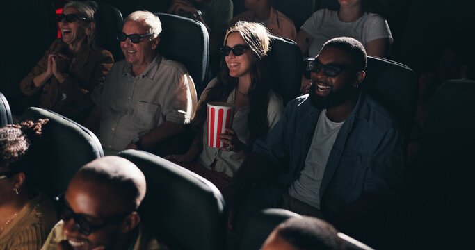 Happy, watching film and people with 3D glasses, cinema and entertainment with popcorn. Crowd, eyewear and group with augmented vision, comedy movie and spectator with illusion, snack and theatre