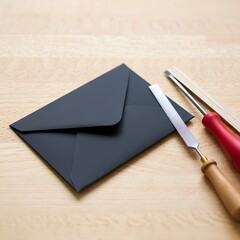 Dark Envelope, Woodworking Tools, Minimalist Flatlay, Craftsmanship, Artisan, Neutral Tones, Mockup, Branding, Stationery, Design.