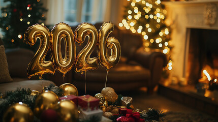 Cozy living room decorated with golden 2026 balloons, warm lights, and festive decor for New Year's Eve celebration, creating a joyful and inviting holiday atmosphere for stock and advertising