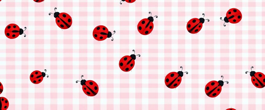 Minimalist cute ladybug seamless pattern on pastel pink gingham background, insect, wallpaper