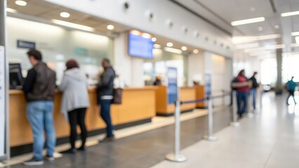 Blurred Banking Hall – Customers Waiting in Line at Counter Area
