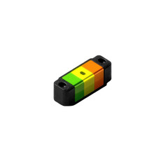 Fototapeta premium A small rectangular object with a multi-colored stripe design, possibly an indicator or sensor, is shown against a black background. The colors are yellow, orange, and green