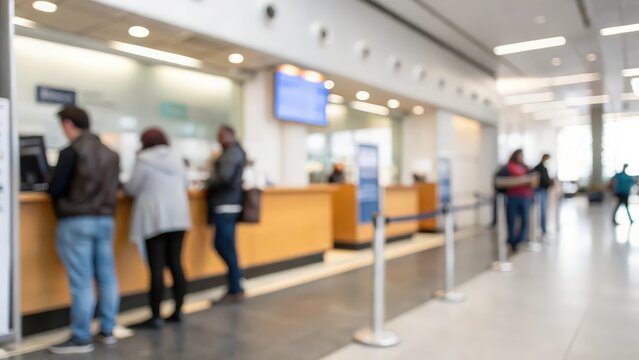 Blurred Banking Hall &ndash; Customers Waiting in Line at Counter Area
