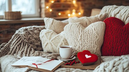 A cozy couch with heart-shaped pillows, a tray of hot cocoa, and a handwritten love letter
