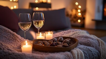 A cozy setup with a heart-shaped tray holding chocolates, wine glasses, and lit candles.
