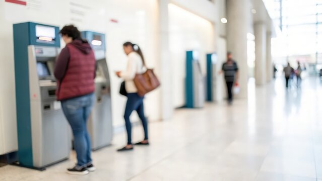 ATM Lobby Blur – Soft-Focused View of People Using Banking Machines
