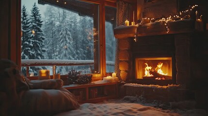 A cozy winter cabin with a warm fire, snow falling outside, and soft lighting creating a relaxing atmosphere. A cozy winter cabin with a warm fire, snow falling outside, and soft lighting inside