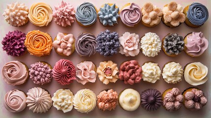 A creative arrangement of cupcakes with intricate frosting designs, displayed in rows on a pastel background