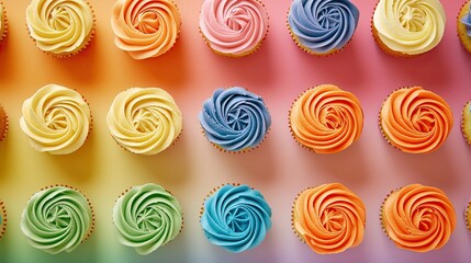 A creative arrangement of cupcakes with rainbow frosting swirls, displayed in rows on a pastel background.