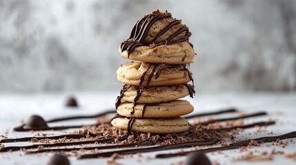 A creative arrangement of freshly baked cookies stacked in a spiral with melted chocolate drizzles