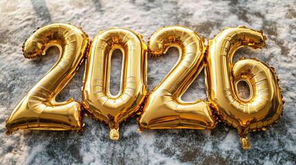 Golden foil balloons shaped as numbers 2026, symbolizing happy new year celebration, holiday greeting card and winter season concept