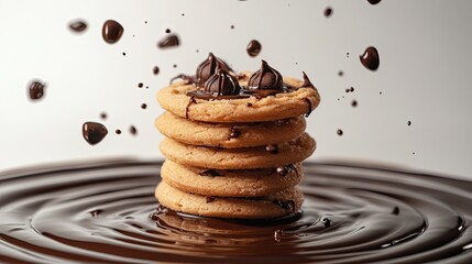 A creative arrangement of freshly baked cookies stacked in a spiral with melted chocolate drizzles