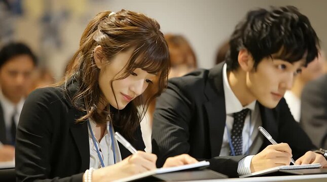 企業説明会の最前列で真剣にメモを取る日本の若手ビジネスパーソン：高い集中力とプロフェッショナリズム｜ビジネス,説明会,集中,メモ,日本

