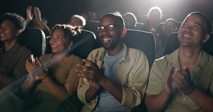 Audience, movie or happy with clapping in cinema for premiere success, entertainment or appreciation. Crowd, people and applause in theater for film approval, fun watching experience and show support