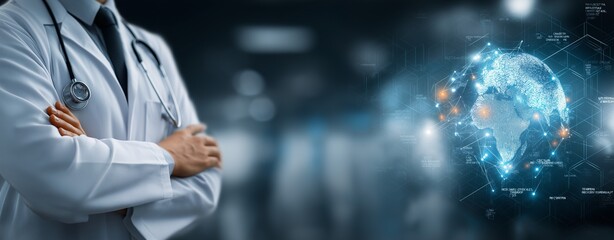 Global Healthcare Innovation Concept Featuring a Doctor with Folded Arms, Digital Medical Technology Interface, and Futuristic World Map Highlighting Medical Advancements and AI Integration in Modern 