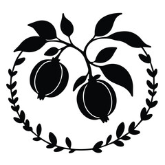 Black and white silhouette of pomegranates with leaves and floral wreath. Decorative graphic design element with circular frame.