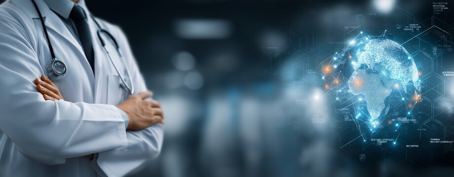 Global Healthcare Innovation Concept Featuring a Doctor with Folded Arms, Digital Medical Technology Interface, and Futuristic World Map Highlighting Medical Advancements and AI Integration in Modern