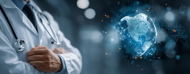 Global Healthcare Innovation Concept Featuring a Doctor with Folded Arms, Digital Medical Technology Interface, and Futuristic World Map Highlighting Medical Advancements and AI Integration in Modern 