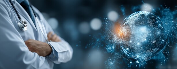 Fototapeta premium Global Healthcare Innovation Concept Featuring a Doctor with Folded Arms, Digital Medical Technology Interface, and Futuristic World Map Highlighting Medical Advancements and AI Integration in Modern 