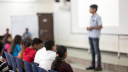 Indian Youth Group Standing Confidently in Front of Blurred Class Audience
