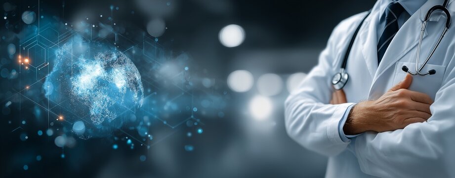 Global Healthcare Innovation Concept Featuring a Doctor with Folded Arms, Digital Medical Technology Interface, and Futuristic World Map Highlighting Medical Advancements and AI Integration in Modern