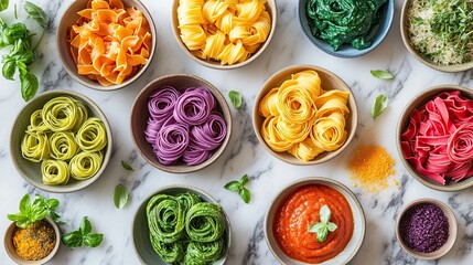 A creative composition of rainbow pasta displayed in spirals, paired with vibrant sauces on a marble table.
