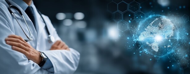 Global Healthcare Innovation Concept Featuring a Doctor with Folded Arms, Digital Medical Technology Interface, and Futuristic World Map Highlighting Medical Advancements and AI Integration in Modern 