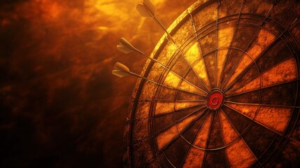 Aged dartboard, fiery background, multiple arrows