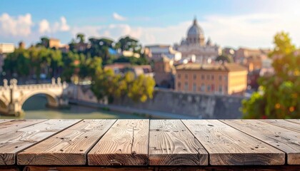 The empty wooden table top with blur background of Rome. 