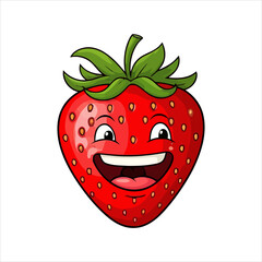 Vector illustration of a cute strawberry with a happy facial expression in a simple flat style.