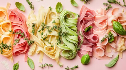 A creative layout of multicolored pasta in geometric shapes, paired with fresh herbs and sauces
