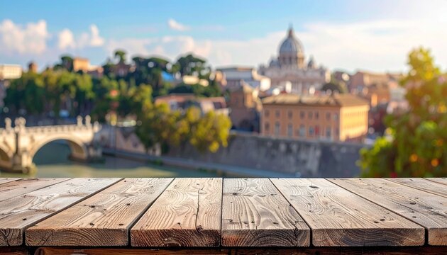 The empty wooden table top with blur background of Rome.  - Powered by Adobe