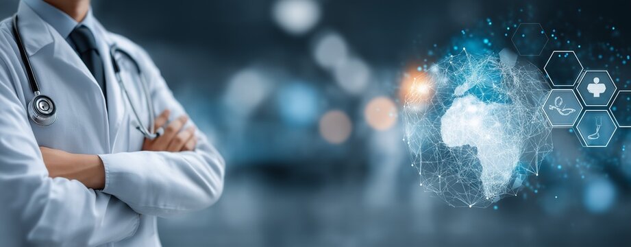 Global Healthcare Innovation Concept Featuring a Doctor with Folded Arms, Digital Medical Technology Interface, and Futuristic World Map Highlighting Medical Advancements and AI Integration in Modern  - Powered by Adobe