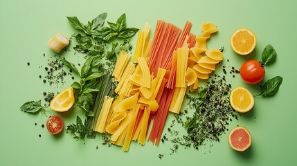 A creative layout of multicolored pasta in geometric shapes, paired with fresh herbs and sauces.