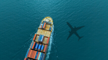 Aerial view of the freight shipping transport system cargo ship container. international...