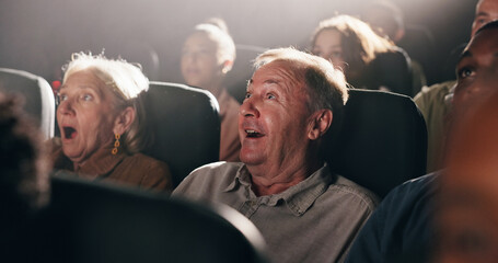 Horror, man and movie in theater with shock for spooky scene, thriller premiere and entertainment....