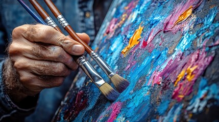 Aged hands holding brushes over vibrant, textured artwork