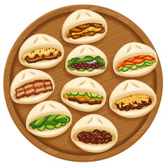 Assorted bao buns with different fillings on wooden platter, vibrant colors, top-down flat vector composition on white background